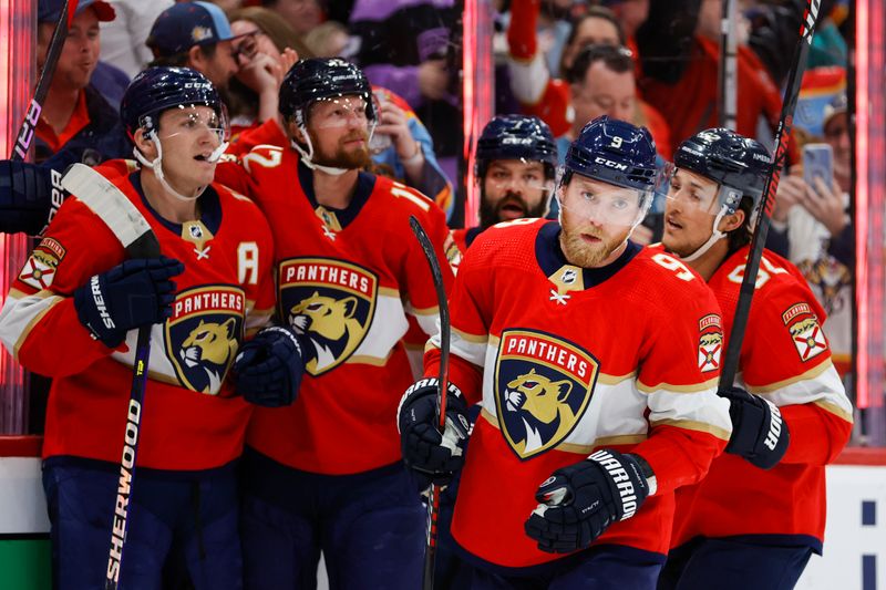 Feb 11, 2023; Sunrise, Florida, USA; Florida Panthers center Sam Bennett (9) looks on after scoring during the second period against the Colorado Avalanche at FLA Live Arena. Mandatory Credit: Sam Navarro-USA TODAY Sports