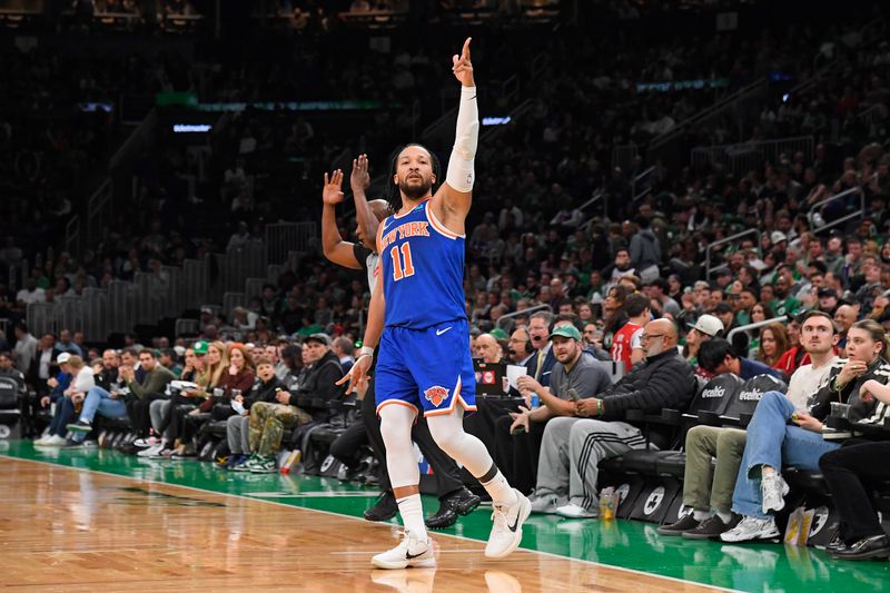 BOSTON, MA - APRIL 11: Jalen Brunson #11 of the New York Knicks celebrates during the game against the Boston Celtics on April 11, 2024 at the TD Garden in Boston, Massachusetts. NOTE TO USER: User expressly acknowledges and agrees that, by downloading and or using this photograph, User is consenting to the terms and conditions of the Getty Images License Agreement. Mandatory Copyright Notice: Copyright 2024 NBAE  (Photo by Brian Babineau/NBAE via Getty Images)