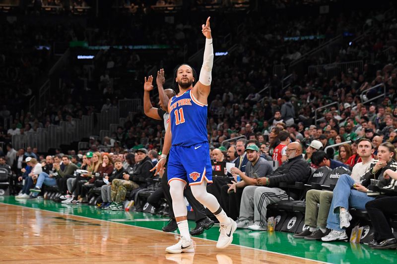 BOSTON, MA - APRIL 11: Jalen Brunson #11 of the New York Knicks celebrates during the game against the Boston Celtics on April 11, 2024 at the TD Garden in Boston, Massachusetts. NOTE TO USER: User expressly acknowledges and agrees that, by downloading and or using this photograph, User is consenting to the terms and conditions of the Getty Images License Agreement. Mandatory Copyright Notice: Copyright 2024 NBAE  (Photo by Brian Babineau/NBAE via Getty Images)