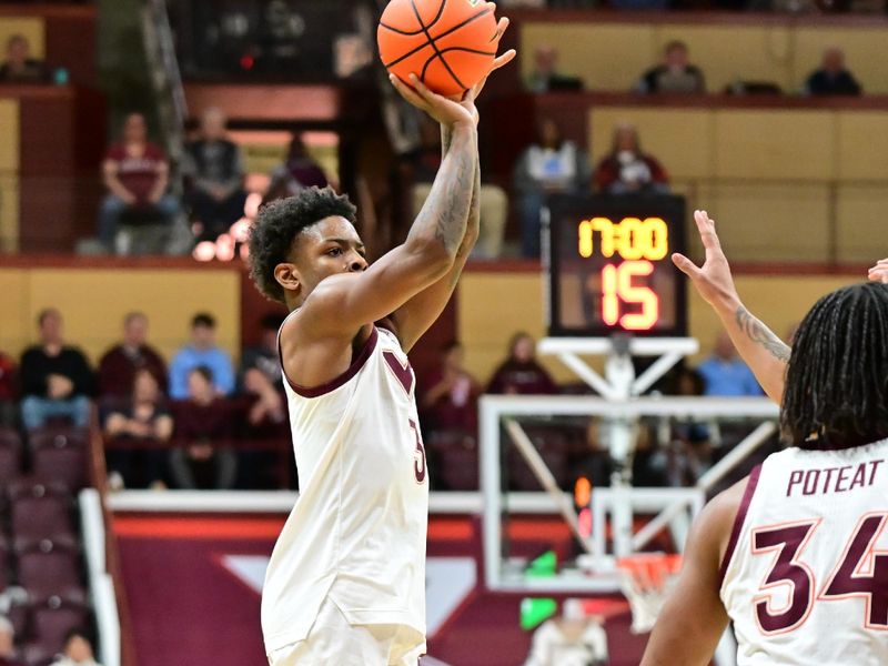 Mar 4, 2025; Blacksburg, Virginia, USA;  Virginia Tech Hokies guard Jaydon Young (3) shoots a shot against the North Carolina Tar Heels during the first half at Cassell Coliseum. Mandatory Credit: Brian Bishop-Imagn Images