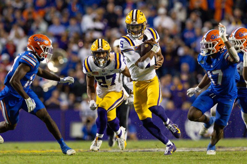 Nov 11, 2023; Baton Rouge, Louisiana, USA;  LSU Tigers quarterback Jayden Daniels (5) rushes against the Florida Gators during the second half at Tiger Stadium. Mandatory Credit: Stephen Lew-USA TODAY Sports