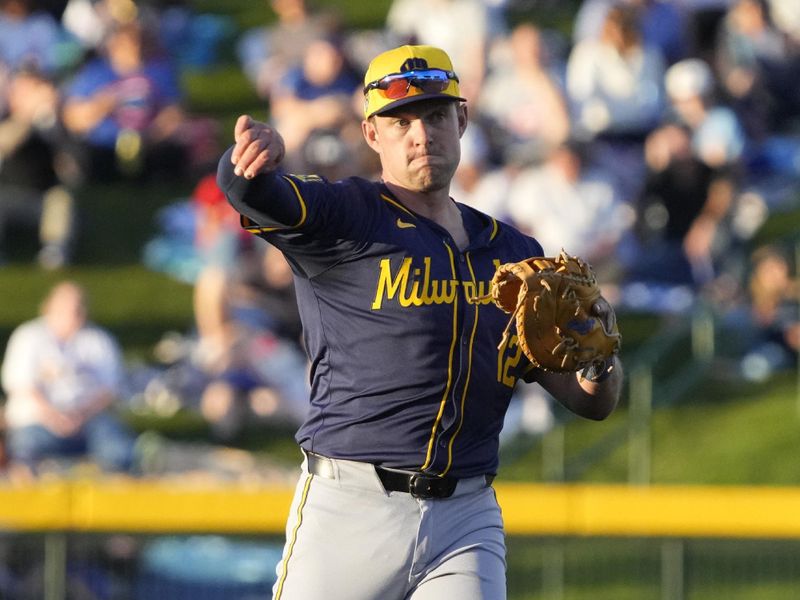 Mar 12, 2024; Mesa, Arizona, USA; Milwaukee Brewers first baseman Rhys Hoskins (12) warms up before a game against the Chicago Cubs at Sloan Park. Mandatory Credit: Rick Scuteri-USA TODAY Sports