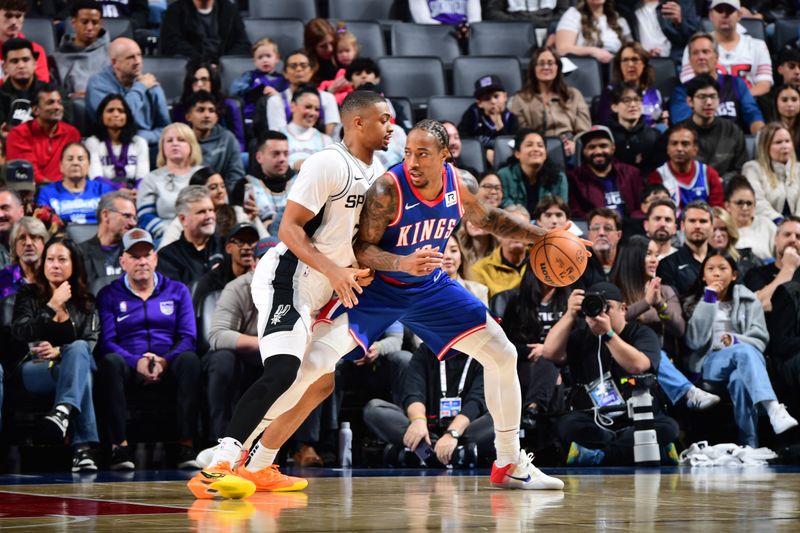 SACRAMENTO, CA - DECEMBER 1: DeMar DeRozan #10 of the Sacramento Kings handles the ball during the game against the San Antonio Spurs on December 1, 2024 at Golden 1 Center in Sacramento, California. NOTE TO USER: User expressly acknowledges and agrees that, by downloading and or using this Photograph, user is consenting to the terms and conditions of the Getty Images License Agreement. Mandatory Copyright Notice: Copyright 2024 NBAE (Photo by Adam Pantozzi/NBAE via Getty Images)