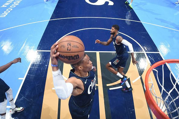 LOS ANGELES, CA - NOVEMBER 24: Russell Westbrook #0 of the LA Clippers grabs the rebound during the game against the New Orleans Pelicans during the In-Season Tournament on November 24, 2023 at Crypto.Com Arena in Los Angeles, California. NOTE TO USER: User expressly acknowledges and agrees that, by downloading and/or using this Photograph, user is consenting to the terms and conditions of the Getty Images License Agreement. Mandatory Copyright Notice: Copyright 2023 NBAE (Photo by Adam Pantozzi/NBAE via Getty Images)