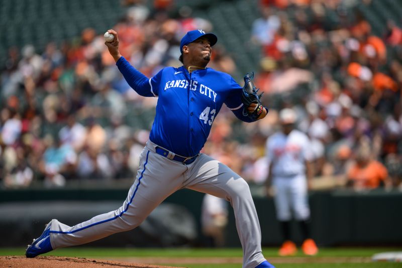 Jun 11, 2023; Baltimore, Maryland, USA; Kansas City Royals starting pitcher Carlos Hernandez (43) throws a pitch during the first inning against the Baltimore Orioles at Oriole Park at Camden Yards. Mandatory Credit: Reggie Hildred-USA TODAY Sports