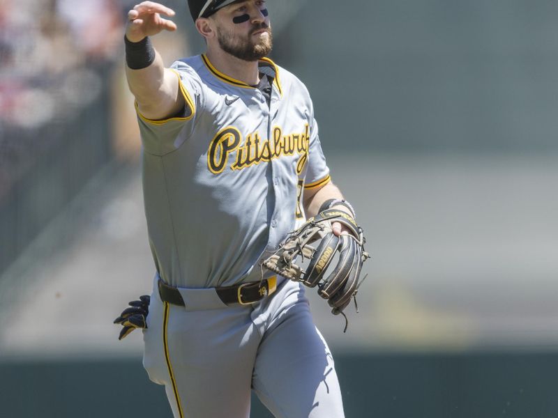 Apr 28, 2024; San Francisco, California, USA;  Pittsburgh Pirates second baseman Jared Triolo (19) throws to first base for an out against the San Francisco Giants during the second inning at Oracle Park. Mandatory Credit: John Hefti-USA TODAY Sports