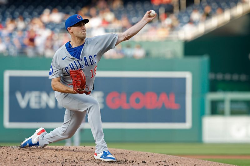 Jun 4, 2025; Washington, District of Columbia, USA; Chicago Cubs pitcher Matthew Boyd (16) pitches against the Washington Nationals during the second inning at Nationals Park. Mandatory Credit: Geoff Burke-Imagn Images