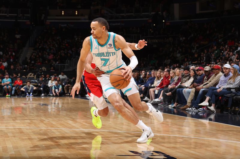 WASHINGTON, DC -? MARCH 8:  Bryce McGowans #7 of the Charlotte Hornets goes to the basket during the game on March 8, 2024 at Capital One Arena in Washington, DC. NOTE TO USER: User expressly acknowledges and agrees that, by downloading and or using this Photograph, user is consenting to the terms and conditions of the Getty Images License Agreement. Mandatory Copyright Notice: Copyright 2024 NBAE (Photo by Stephen Gosling/NBAE via Getty Images)