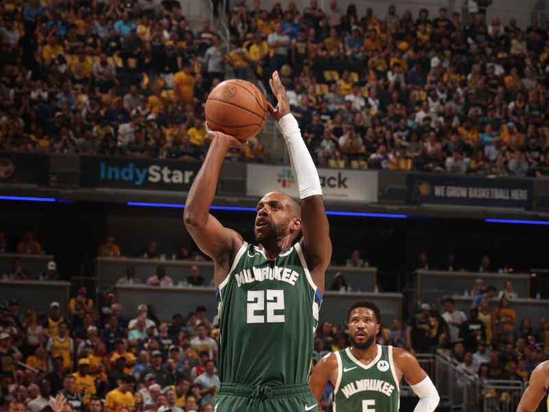 INDIANAPOLIS, IN - APRIL 28: Khris Middleton #22 of the Milwaukee Bucks shoots a free throw during the game against the Indiana Pacers during Round 1 Game 4 of the 2024 NBA Playoffs on April 28, 2024 at Gainbridge Fieldhouse in Indianapolis, Indiana. NOTE TO USER: User expressly acknowledges and agrees that, by downloading and or using this Photograph, user is consenting to the terms and conditions of the Getty Images License Agreement. Mandatory Copyright Notice: Copyright 2024 NBAE (Photo by Nathaniel S. Butler/NBAE via Getty Images)