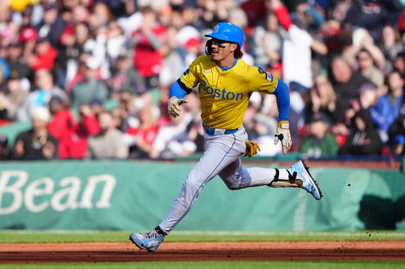 May 11, 2024; Boston, Massachusetts, USA; Boston Red Sox center fielder Jarren Duran (16) runs out an RBI double against the Washington Nationals during the fifth inning at Fenway Park. Mandatory Credit: Gregory Fisher-USA TODAY Sports