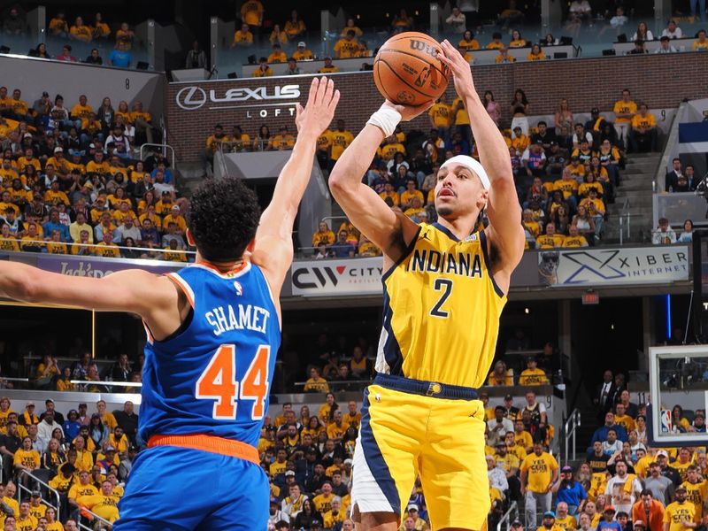 INDIANAPOLIS, IN - MAY 27:  Andrew Nembhard #2 of the Indiana Pacers shoots the ball during the game against the New York Knicks during Game Four of the Eastern Conference Finals on May 27, 2025 at Gainbridge Fieldhouse in Indianapolis, Indiana. NOTE TO USER: User expressly acknowledges and agrees that, by downloading and or using this Photograph, user is consenting to the terms and conditions of the Getty Images License Agreement. Mandatory Copyright Notice: Copyright 2025 NBAE (Photo by Ron Hoskins/NBAE via Getty Images)