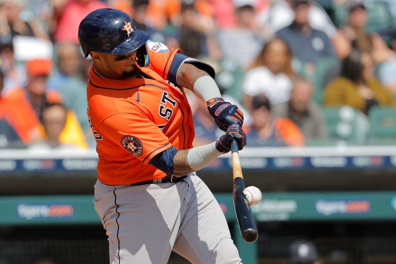 Aug 27, 2023; Detroit, Michigan, USA;  Houston Astros catcher Martin Maldonado (15) hits a single in the fourth inning against the Detroit Tigers at Comerica Park. Mandatory Credit: Rick Osentoski-USA TODAY Sports