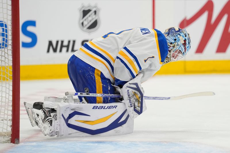 Jan 27, 2026; Toronto, Ontario, CAN; Buffalo Sabres goaltender Ukko-Pekka Luukkonen (1) reacts after a goal by Toronto Maple Leafs forward Auston Matthews (not pictured) during the first period at Scotiabank Arena. Mandatory Credit: John E. Sokolowski-Imagn Images