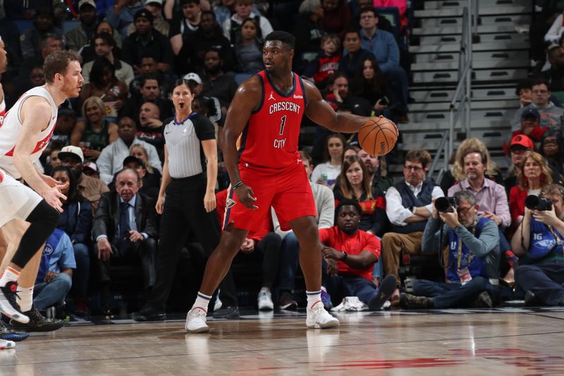 NEW ORLEANS, LA - FEBRUARY 5: Zion Williamson #1 of the New Orleans Pelicans handles the ball during the game against the Toronto Raptors on February 5, 2024 at the Smoothie King Center in New Orleans, Louisiana. NOTE TO USER: User expressly acknowledges and agrees that, by downloading and or using this Photograph, user is consenting to the terms and conditions of the Getty Images License Agreement. Mandatory Copyright Notice: Copyright 2024 NBAE (Photo by Layne Murdoch Jr./NBAE via Getty Images)