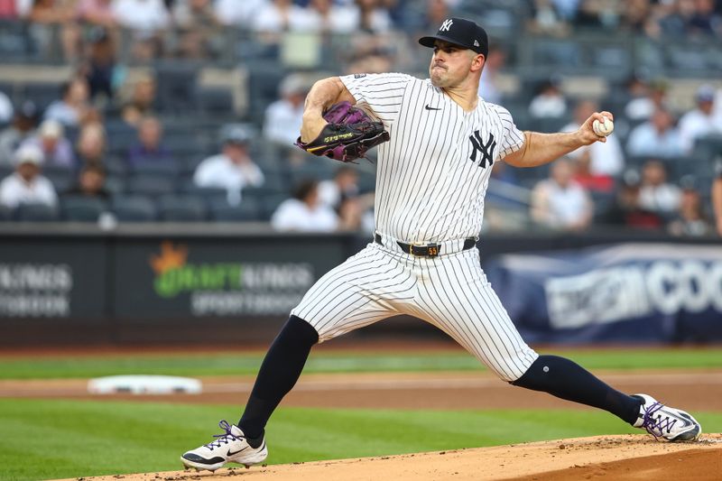 Jun 21, 2024; Bronx, New York, USA; New York Yankees starting pitcher Carlos Rodón (55) pitches in the first inning against the Atlanta Braves at Yankee Stadium. Mandatory Credit: Wendell Cruz-USA TODAY Sports