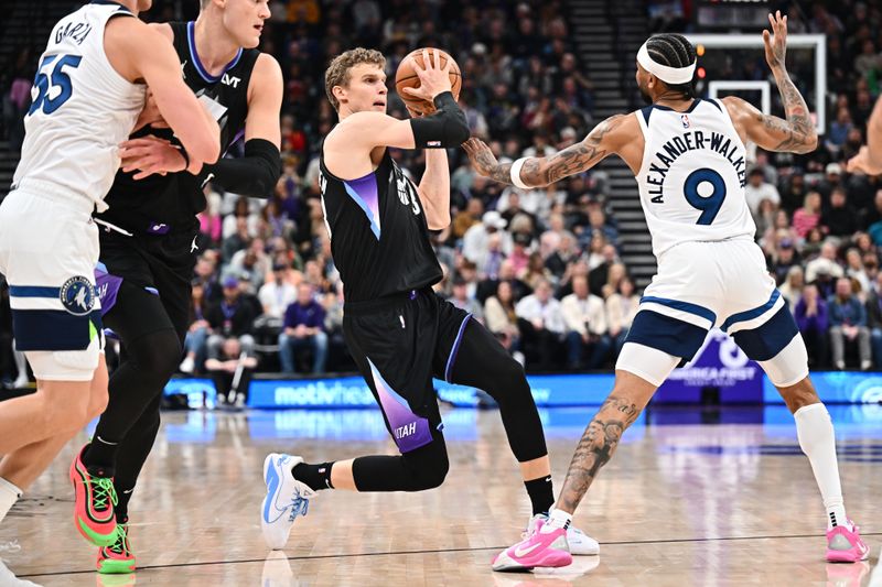 SALT LAKE CITY, UT - JANUARY 30:  Lauri Markkanen #23 of the Utah Jazz drives to the basket during the game against the Minnesota Timberwolves on January 30, 2025 at Delta Center in Salt Lake City, Utah. NOTE TO USER: User expressly acknowledges and agrees that, by downloading and or using this Photograph, User is consenting to the terms and conditions of the Getty Images License Agreement. Mandatory Copyright Notice: Copyright 2025 NBAE (Photo by Melissa Majchrzak/NBAE via Getty Images)