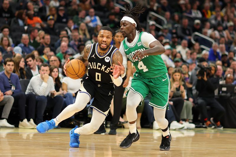 MILWAUKEE, WISCONSIN - APRIL 09: Damian Lillard #0 of the Milwaukee Bucks drives around Jrue Holiday #4 of the Boston Celtics during the first half of a game at Fiserv Forum on April 09, 2024 in Milwaukee, Wisconsin. NOTE TO USER: User expressly acknowledges and agrees that, by downloading and or using this photograph, User is consenting to the terms and conditions of the Getty Images License Agreement. (Photo by Stacy Revere/Getty Images)