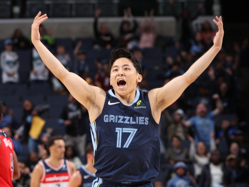 MEMPHIS, TN - NOVEMBER 8: Yuki Kawamura #17 of the Memphis Grizzlies celebrates during the game against the Washington Wizards on November 8, 2024 at FedExForum in Memphis, Tennessee. NOTE TO USER: User expressly acknowledges and agrees that, by downloading and or using this photograph, User is consenting to the terms and conditions of the Getty Images License Agreement. Mandatory Copyright Notice: Copyright 2024 NBAE (Photo by Joe Murphy/NBAE via Getty Images)