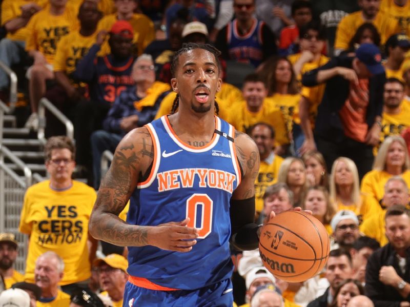 INDIANAPOLIS, IN - MAY 27:  Delon Wright #0 of the New York Knicks dribbles the ball during the game against the Indiana Pacers  during Game 4 of the 2025 Eastern Conference Finals on May 27, 2025 at Gainbridge Fieldhouse in Indianapolis, Indiana. NOTE TO USER: User expressly acknowledges and agrees that, by downloading and or using this Photograph, user is consenting to the terms and conditions of the Getty Images License Agreement. Mandatory Copyright Notice: Copyright 2025 NBAE (Photo by Nathaniel S. Butler/NBAE via Getty Images)