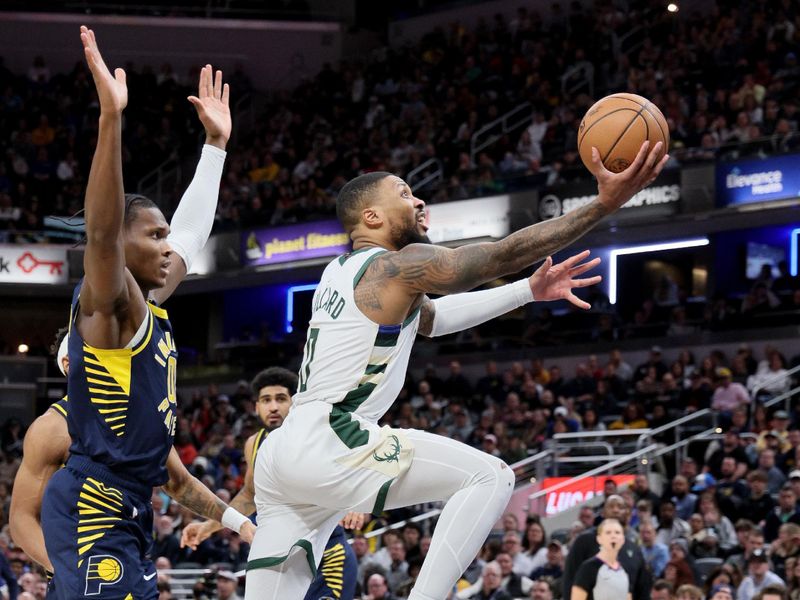 INDIANAPOLIS, INDIANA - JANUARY 03: Damian Lillard #0 of the Milwaukee Bucks shoots the ball against the Indiana Pacers at Gainbridge Fieldhouse on January 03, 2024 in Indianapolis, Indiana.    NOTE TO USER: User expressly acknowledges and agrees that, by downloading and or using this photograph, User is consenting to the terms and conditions of the Getty Images License Agreement.  (Photo by Andy Lyons/Getty Images)