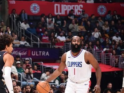 LOS ANGELES, CA - DECEMBER 11: James Harden #1 of the LA Clippers brings the ball up court against the Portland Trail Blazers on December 11, 2023 at Crypto.Com Arena in Los Angeles, California. NOTE TO USER: User expressly acknowledges and agrees that, by downloading and/or using this Photograph, user is consenting to the terms and conditions of the Getty Images License Agreement. Mandatory Copyright Notice: Copyright 2023 NBAE (Photo by Adam Pantozzi/NBAE via Getty Images)