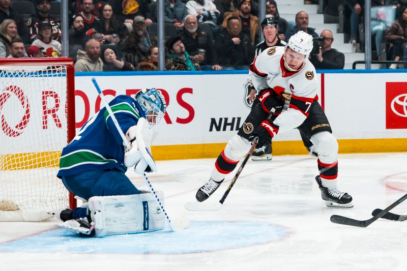 Mar 9, 2026; Vancouver, British Columbia, CAN; Vancouver Canucks goalie Kevin Lankinen (32) makes a save on Ottawa Senators forward Brady Tkachuk (7) in the third period at Rogers Arena. Mandatory Credit: Bob Frid-Imagn Images