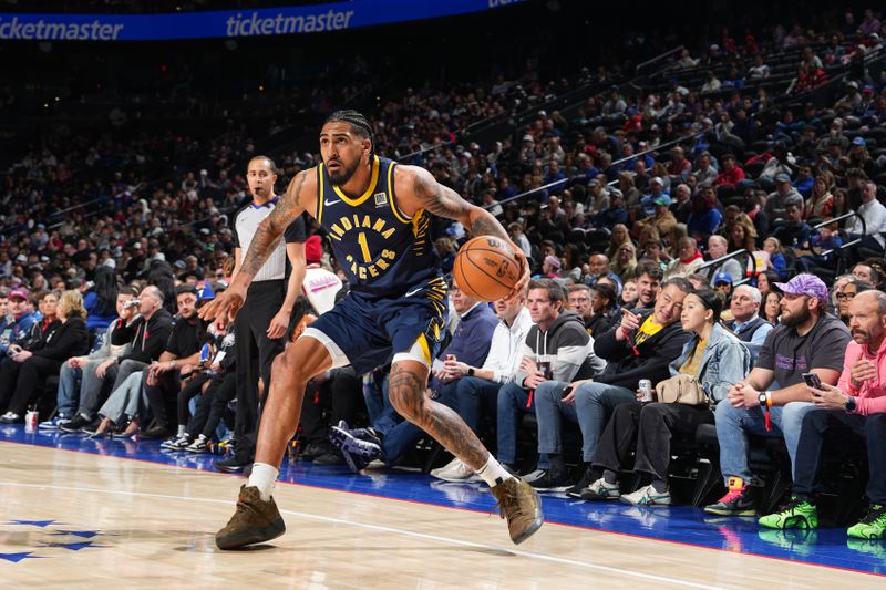 PHILADELPHIA, PA - MARCH 14:  Tyrese Haliburton #0 of the Indiana Pacers dribbles the ball during the game against the Philadelphia 76ers on March 14, 2025 at the Wells Fargo Center in Philadelphia, Pennsylvania NOTE TO USER: User expressly acknowledges and agrees that, by downloading and/or using this Photograph, user is consenting to the terms and conditions of the Getty Images License Agreement. Mandatory Copyright Notice: Copyright 2025 NBAE (Photo by Jesse D. Garrabrant/NBAE via Getty Images)