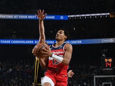 SAN FRANCISCO, CA - DECEMBER 22: Jordan Poole #13 of the Washington Wizards drives to the basket during the game against the Golden State Warriors on December 22, 2023 at Chase Center in San Francisco, California. NOTE TO USER: User expressly acknowledges and agrees that, by downloading and or using this photograph, user is consenting to the terms and conditions of Getty Images License Agreement. Mandatory Copyright Notice: Copyright 2023 NBAE (Photo by Noah Graham/NBAE via Getty Images)