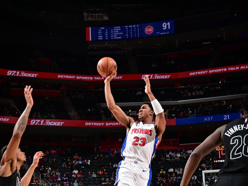 DETROIT, MI - MARCH 7: Jaden Ivey #23 of the Detroit Pistons shoots the ball during the game against the Brooklyn Nets on March 7, 2024 at Little Caesars Arena in Detroit, Michigan. NOTE TO USER: User expressly acknowledges and agrees that, by downloading and/or using this photograph, User is consenting to the terms and conditions of the Getty Images License Agreement. Mandatory Copyright Notice: Copyright 2024 NBAE (Photo by Chris Schwegler/NBAE via Getty Images)