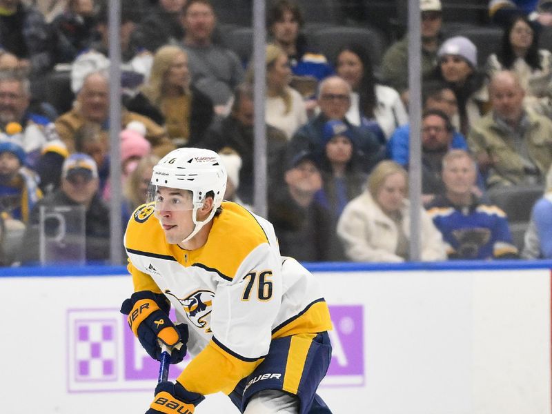 Dec 15, 2025; St. Louis, Missouri, USA; Nashville Predators defenseman Brady Skjei (76) controls the puck against the St. Louis Blues during the first period at Enterprise Center. Mandatory Credit: Jeff Curry-Imagn Images