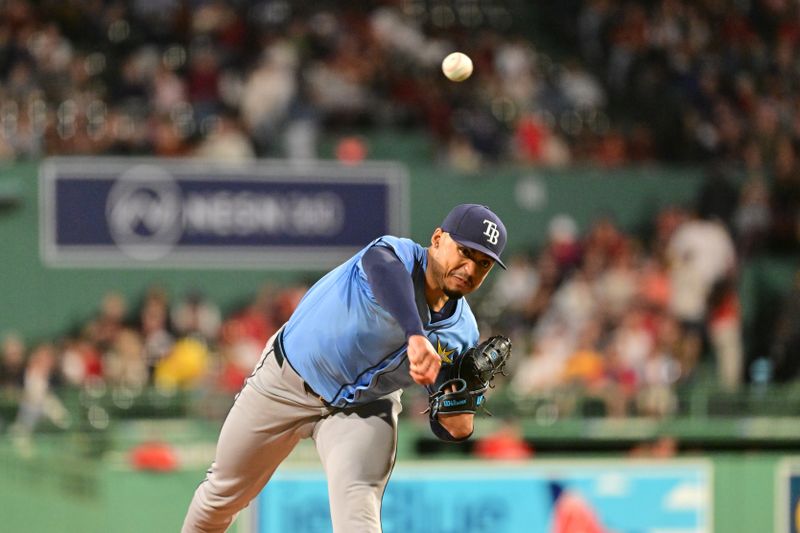 Sep 27, 2024; Boston, Massachusetts, USA; Tampa Bay Rays starting pitcher Taj Bradley (45) pitches against the Boston Red Sox during first inning at Fenway Park. Mandatory Credit: Eric Canha-Imagn Images