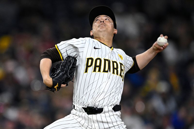 Apr 30, 2024; San Diego, California, USA; San Diego Padres relief pitcher Yuki Matsui (1) throws a pitch against the Cincinnati Reds during the seventh inning at Petco Park. Mandatory Credit: Orlando Ramirez-USA TODAY Sports