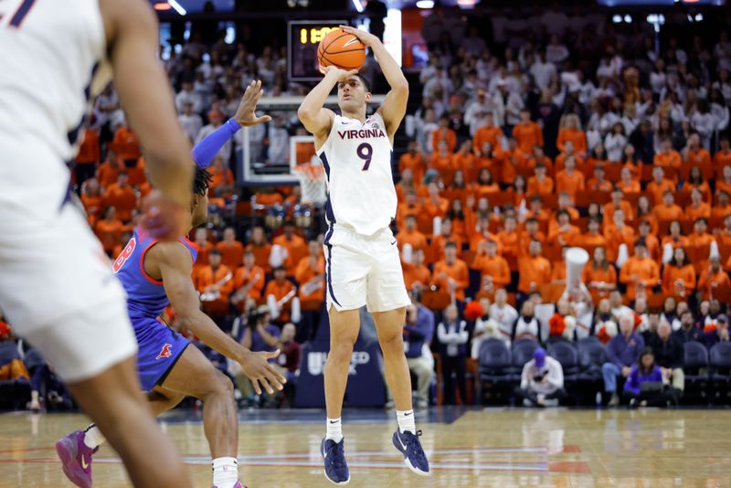 Jan 15, 2025; Charlottesville, Virginia, USA; Virginia Cavaliers guard Ishan Sharma (9) shoots the ball past Southern Methodist Mustangs guard Kario Oquendo (8) during the second half at John Paul Jones Arena. Mandatory Credit: Amber Searls-Imagn Images