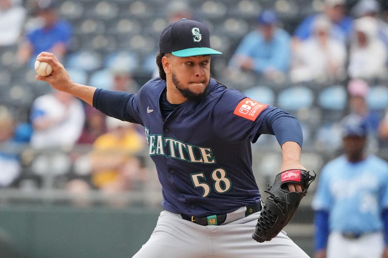 Sep 18, 2025; Kansas City, Missouri, USA; Seattle Mariners starting pitcher Luis Castillo (58) delivers a pitch against the Kansas City Royals during the first inning at Kauffman Stadium. Mandatory Credit: Denny Medley-Imagn Images