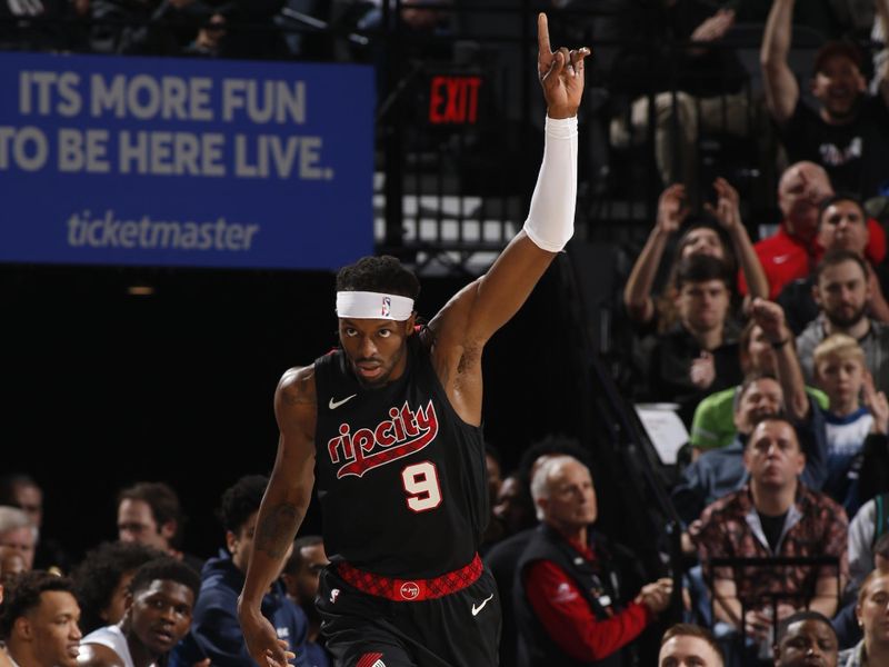 PORTLAND, OR - FEBRUARY 15: Jerami Grant #9 of the Portland Trail Blazers celebrates during the game against the Minnesota Timberwolves on February 15, 2024 at the Moda Center Arena in Portland, Oregon. NOTE TO USER: User expressly acknowledges and agrees that, by downloading and or using this photograph, user is consenting to the terms and conditions of the Getty Images License Agreement. Mandatory Copyright Notice: Copyright 2024 NBAE (Photo by Cameron Browne/NBAE via Getty Images)