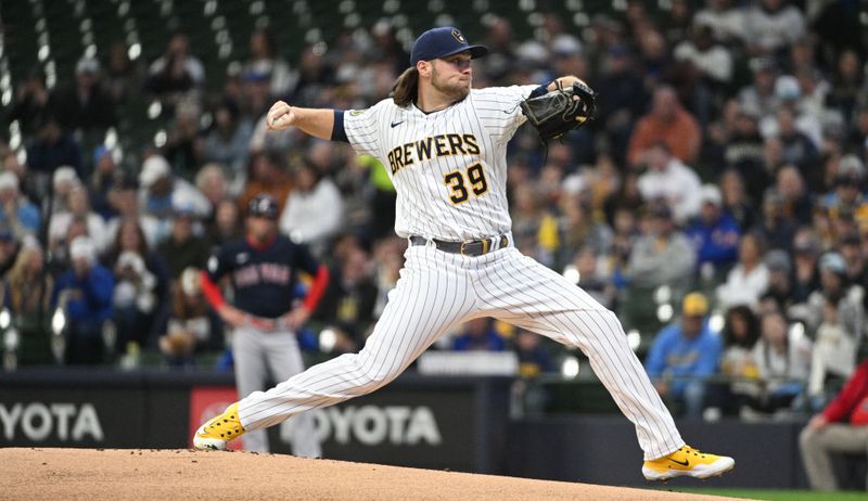 Apr 23, 2023; Milwaukee, Wisconsin, USA;  Milwaukee Brewers starting pitcher Corbin Burnes (39) delivers  against the Boston Red Sox in the first inning at American Family Field. Mandatory Credit: Michael McLoone-USA TODAY Sports