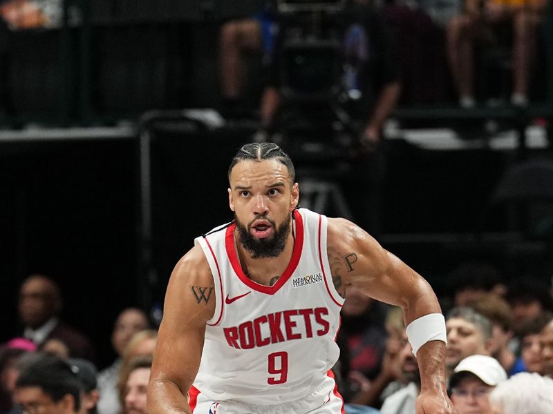 DALLAS, TX - OCTOBER 31: Dillon Brooks #9 of the Houston Rockets dribbles the ball during the game against the Dallas Mavericks on October 31, 2024 at American Airlines Center in Dallas, Texas. NOTE TO USER: User expressly acknowledges and agrees that, by downloading and or using this photograph, User is consenting to the terms and conditions of the Getty Images License Agreement. Mandatory Copyright Notice: Copyright 2024 NBAE (Photo by Glenn James/NBAE via Getty Images)