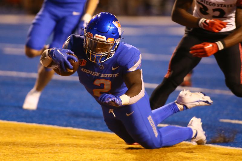 Sep 30, 2022; Boise, Idaho, USA; Boise State Broncos running back Ashton Jeanty (2) scores  during second half  against the San Diego State Aztecs at Albertsons Stadium. Boise State defeats San Diego State 35-13. Mandatory Credit: Brian Losness-USA TODAY Sports

