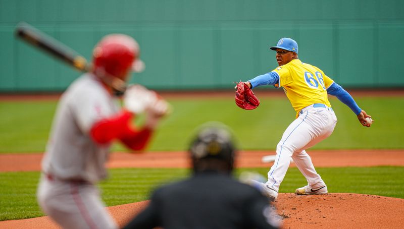 Apr 14, 2024; Boston, Massachusetts, USA; Boston Red Sox pitcher Brayan Bello (66) throws a pitch against the Los Angeles Angels in the first inning at Fenway Park. Mandatory Credit: David Butler II-USA TODAY Sports