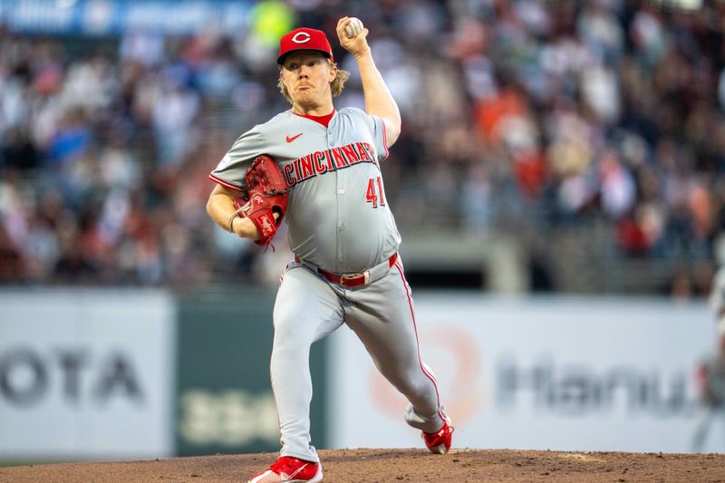 May 10, 2024; San Francisco, California, USA; Cincinnati Reds starting pitcher Andrew Abbott (41) delivers a pitch against the San Francisco Giants during the first inning at Oracle Park. Mandatory Credit: Neville E. Guard-USA TODAY Sports