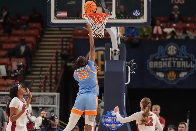 Mar 8, 2024; Greensville, SC, USA; Tennessee Lady Vols forward Jillian Hollingshead (53) shoots against the Alabama Crimson Tide during the first half at Bon Secours Wellness Arena. Mandatory Credit: Jim Dedmon-USA TODAY Sports