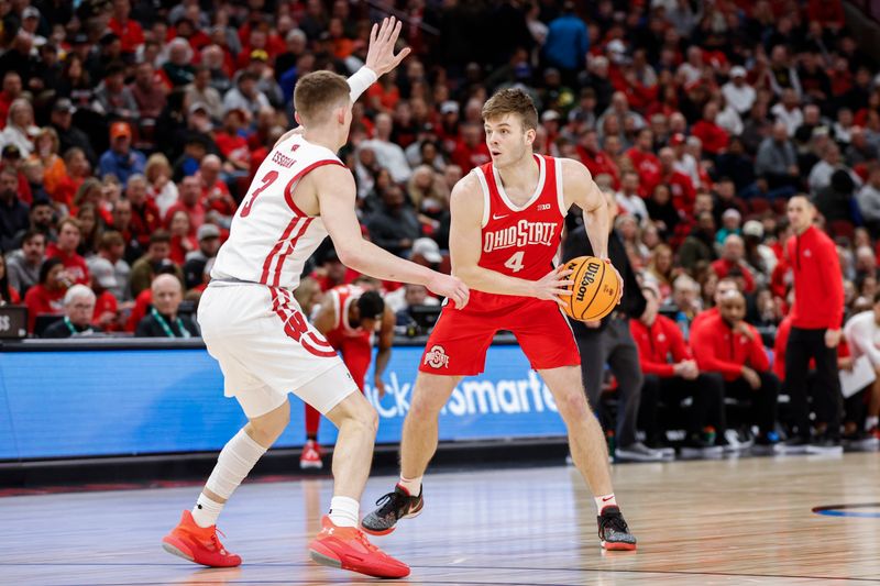 Mar 8, 2023; Chicago, IL, USA; Ohio State Buckeyes guard Sean McNeil (4) looks to pass the ball against Wisconsin Badgers guard Connor Essegian (3) during the first half at United Center. Mandatory Credit: Kamil Krzaczynski-USA TODAY Sports