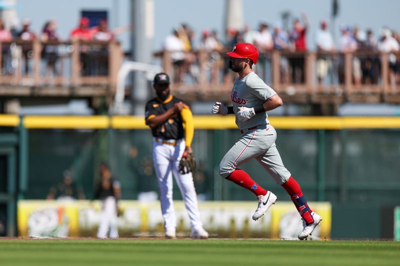 Mar 7, 2025; Bradenton, Florida, USA; Philadelphia Phillies third baseman Kody Clemens (2) runs the bases after hitting a solo home run against the Pittsburgh Pirates in the sixth inning during spring training at LECOM Park. Mandatory Credit: Nathan Ray Seebeck-Imagn Images