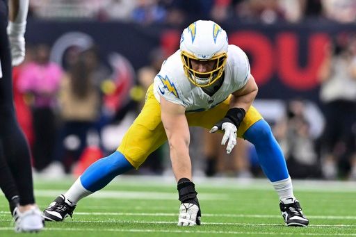 Los Angeles Chargers linebacker Joey Bosa (97) lines up in coverage against the Houston Texans in the first half during an NFL wild-card playoff football game, Saturday, Jan. 11, 2025, in Houston The Texans defeated the Chargers 32-12. (AP Photo/Maria Lysaker)