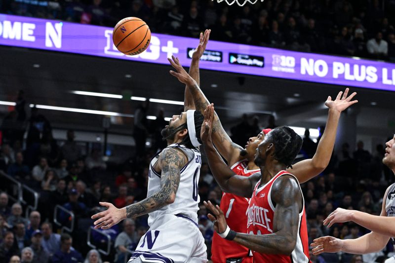 Jan 27, 2024; Evanston, Illinois, USA; Northwestern Wildcats guard Boo Buie (0) shoots against Ohio State Buckeyes guard Roddy Gayle Jr. (1) and Ohio State Buckeyes center Felix Okpara (34) during the second half  at Welsh-Ryan Arena. Mandatory Credit: Matt Marton-USA TODAY Sports