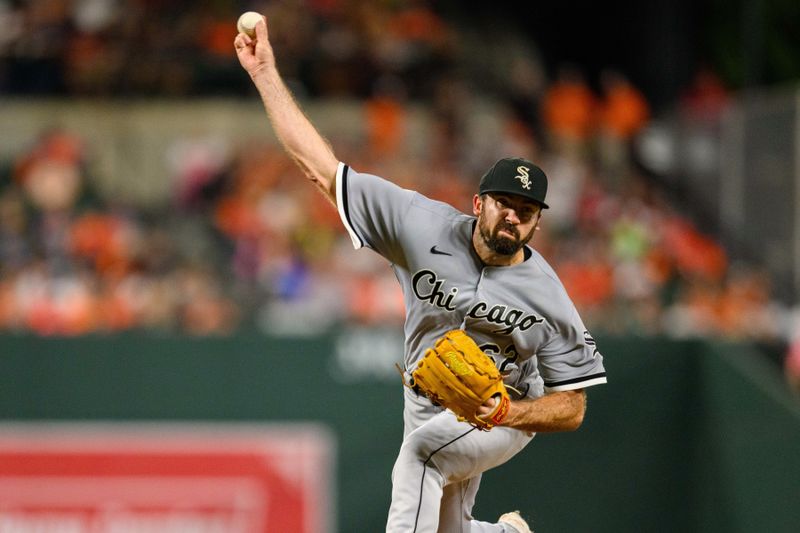 Aug 29, 2023; Baltimore, Maryland, USA; Chicago White Sox starting pitcher Jesse Scholtens (62) throws a pitch during the fifth inning against the Baltimore Orioles at Oriole Park at Camden Yards. Mandatory Credit: Reggie Hildred-USA TODAY Sports