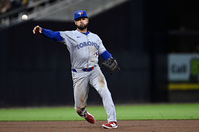 Apr 20, 2024; San Diego, California, USA; Toronto Blue Jays third baseman Isiah Kiner-Falefa (7) throws to first base during the eighth inning against the San Diego Padres  Petco Park. Mandatory Credit: Orlando Ramirez-USA TODAY Sports