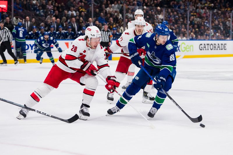 Dec 9, 2023; Vancouver, British Columbia, CAN; Carolina Hurricanes forward Brendan Lemieux (28) stick checks Vancouver Canucks forward Nils Aman (88) in the first period at Rogers Arena. Mandatory Credit: Bob Frid-USA TODAY Sports