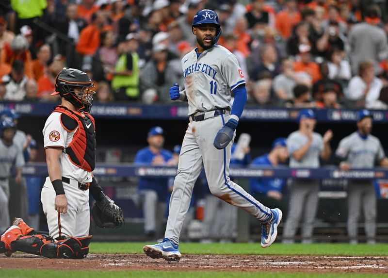 Oct 1, 2024; Baltimore, Maryland, USA; Kansas City Royals third baseman Maikel Garcia (11) scores a run against the Baltimore Orioles in the sixth inning in game one of the Wild Card round for the 2024 MLB Playoffs at Oriole Park at Camden Yards. Mandatory Credit: Tommy Gilligan-Imagn Images