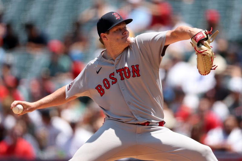 Jun 25, 2025; Anaheim, California, USA;  Boston Red Sox starting pitcher Richard Fitts (80) pitches during the first inning against the Los Angeles Angels at Angel Stadium. Mandatory Credit: Kiyoshi Mio-Imagn Images